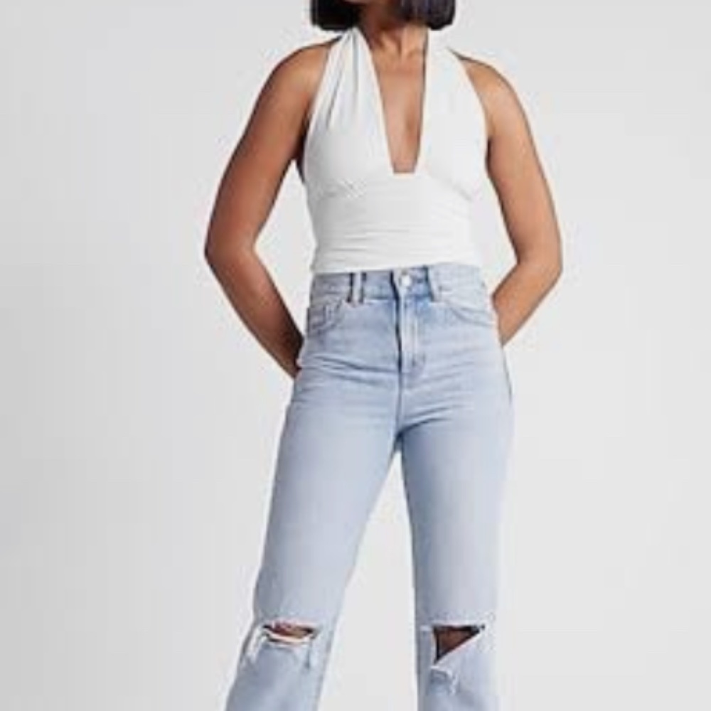 Express Body Contour Silky Ruched Halter Multi-Way Cropped Tank -white
